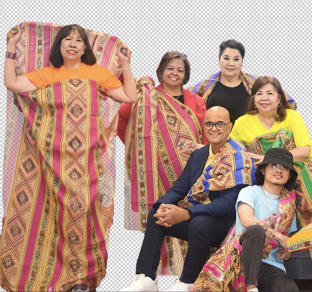 A group showing traditional woven textiles
